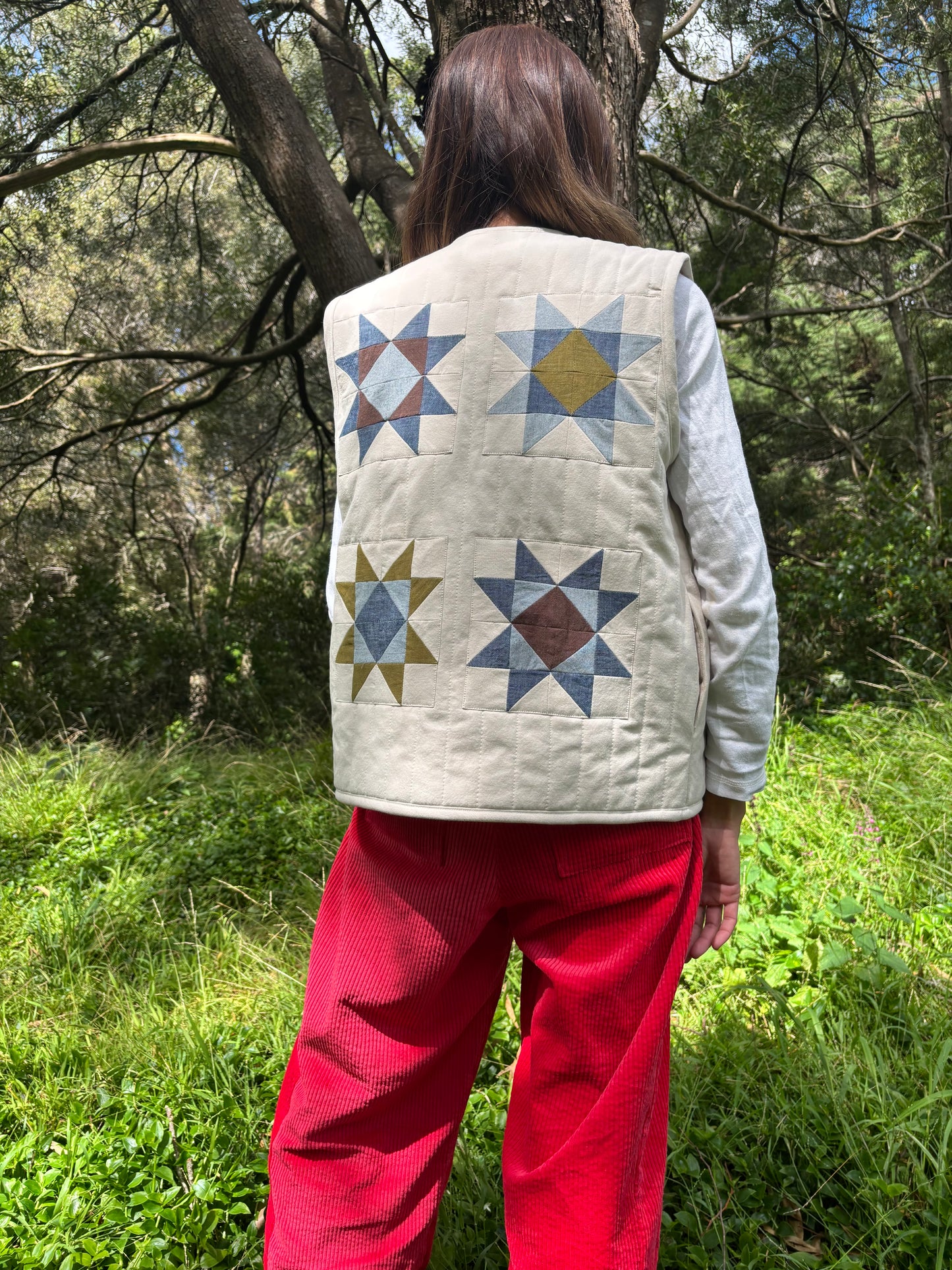 Womens Crystal Star Patchwork Wool Quilted Vest