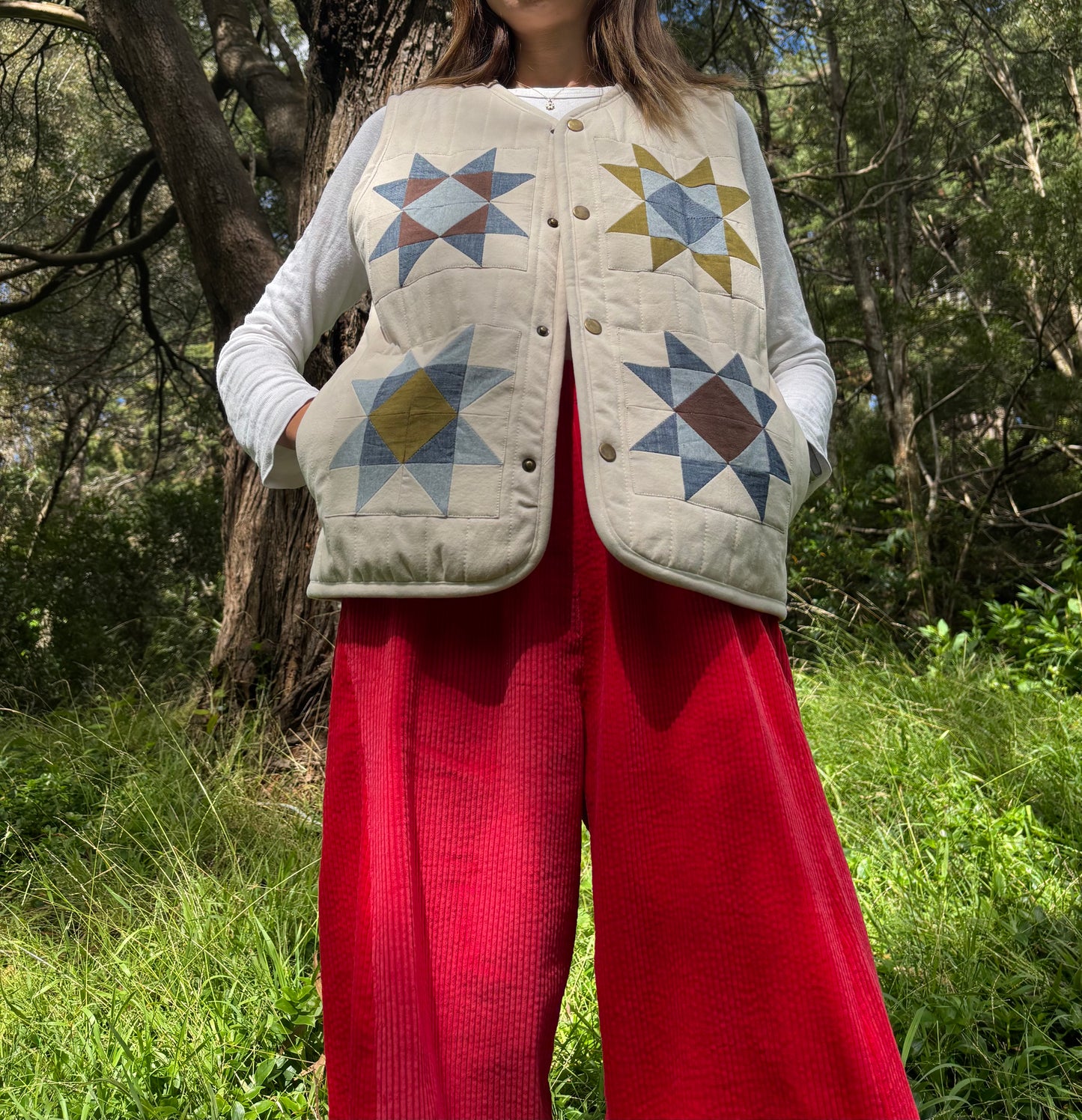 Womens Crystal Star Patchwork Wool Quilted Vest